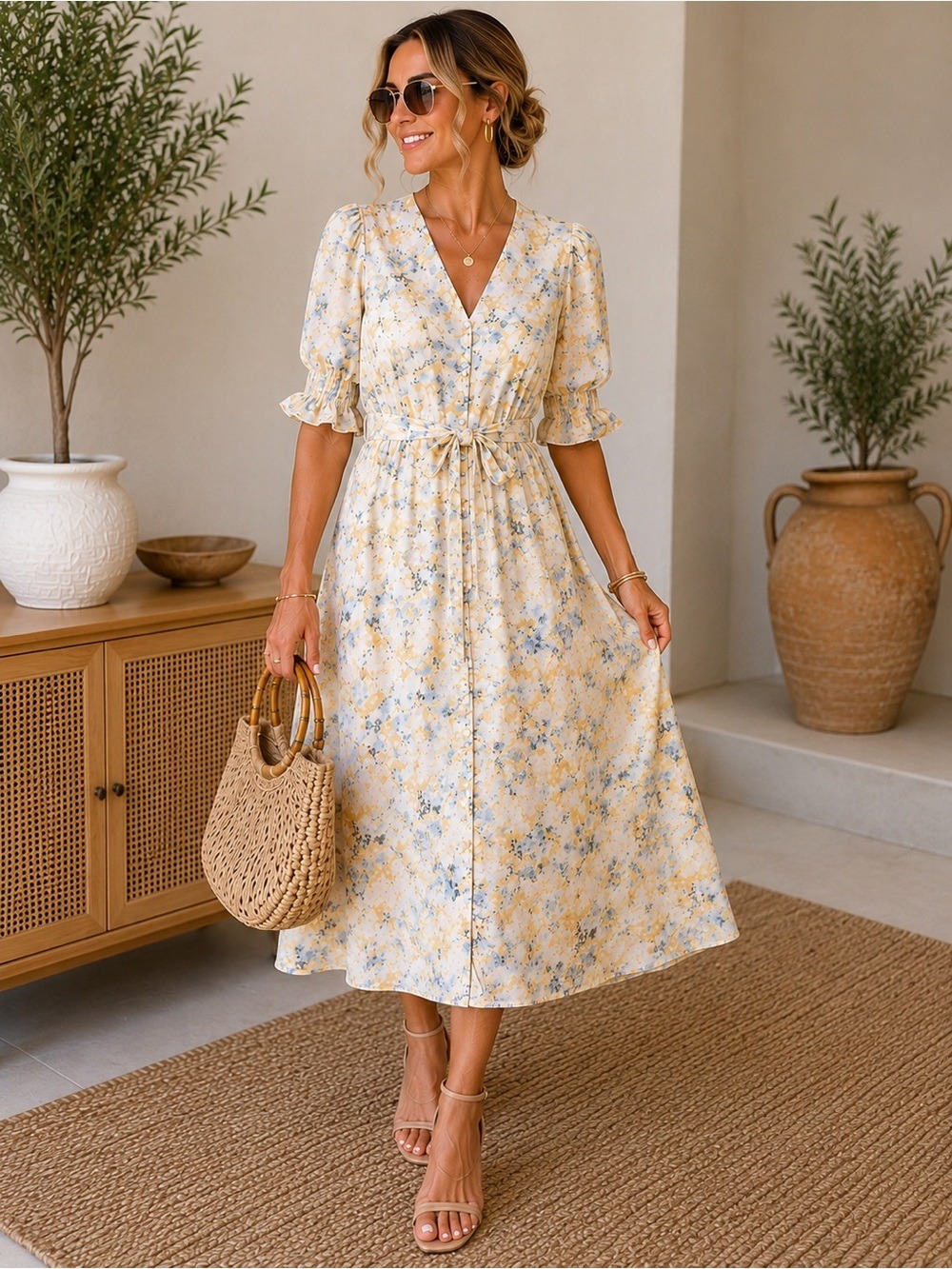 Simple Retro Floral Midi Dress Size Large Cottagecore Puff Sleeve Belted